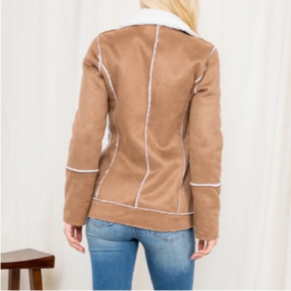 Tan Faux Suede Long Sleeve Moto Style Jacket - Picture 9 of 9